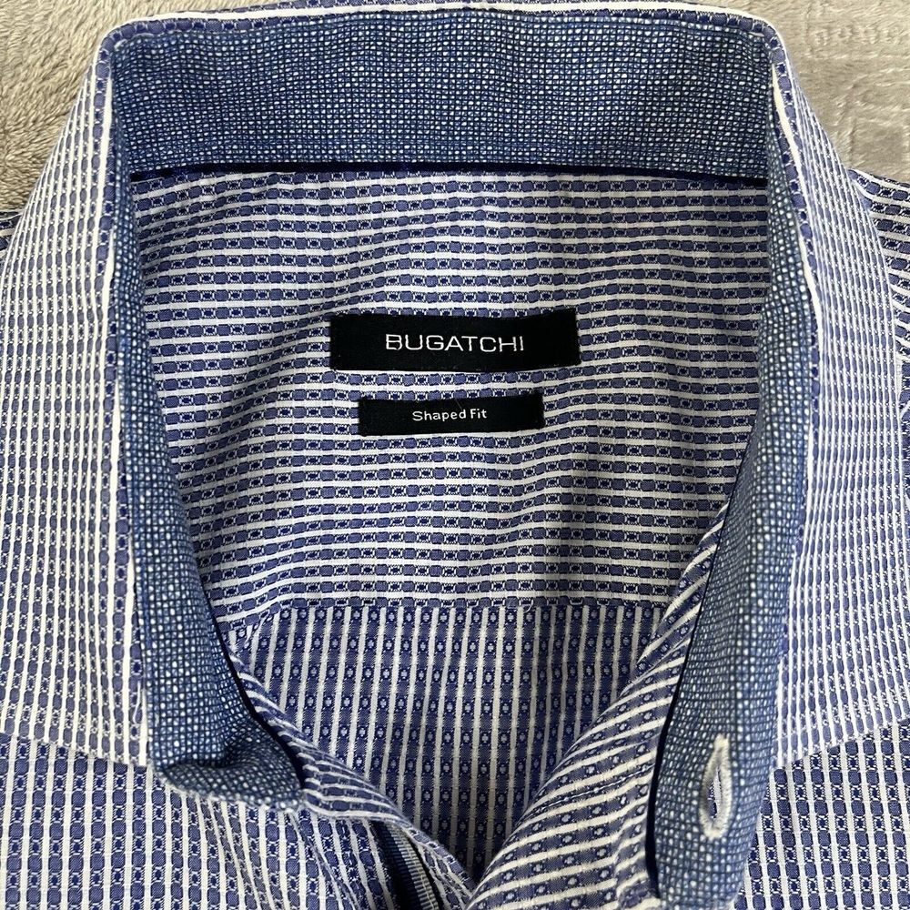 Bugatchi Uomo Shirt XL Blue‎ White Check Contrast Flip Dots Cuff Button Up Men's